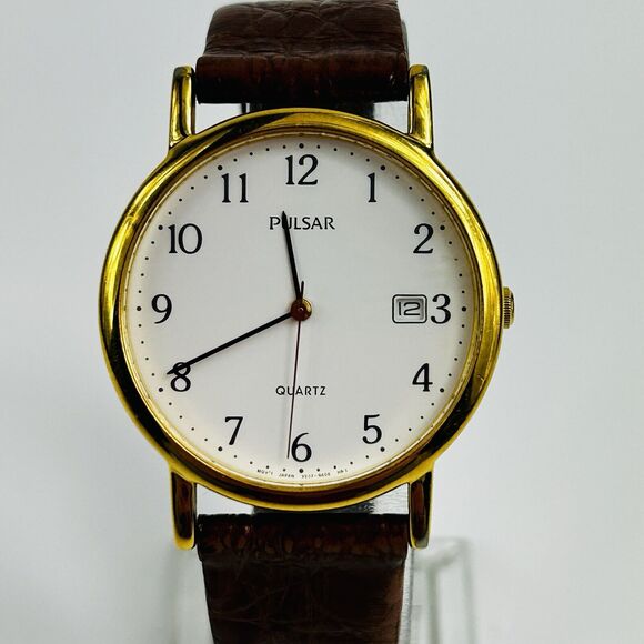 Pulsar Watch Men 34mm Quartz Gold Tone White Dial V532-9A00 Date New Battery - Picture 1 of 11